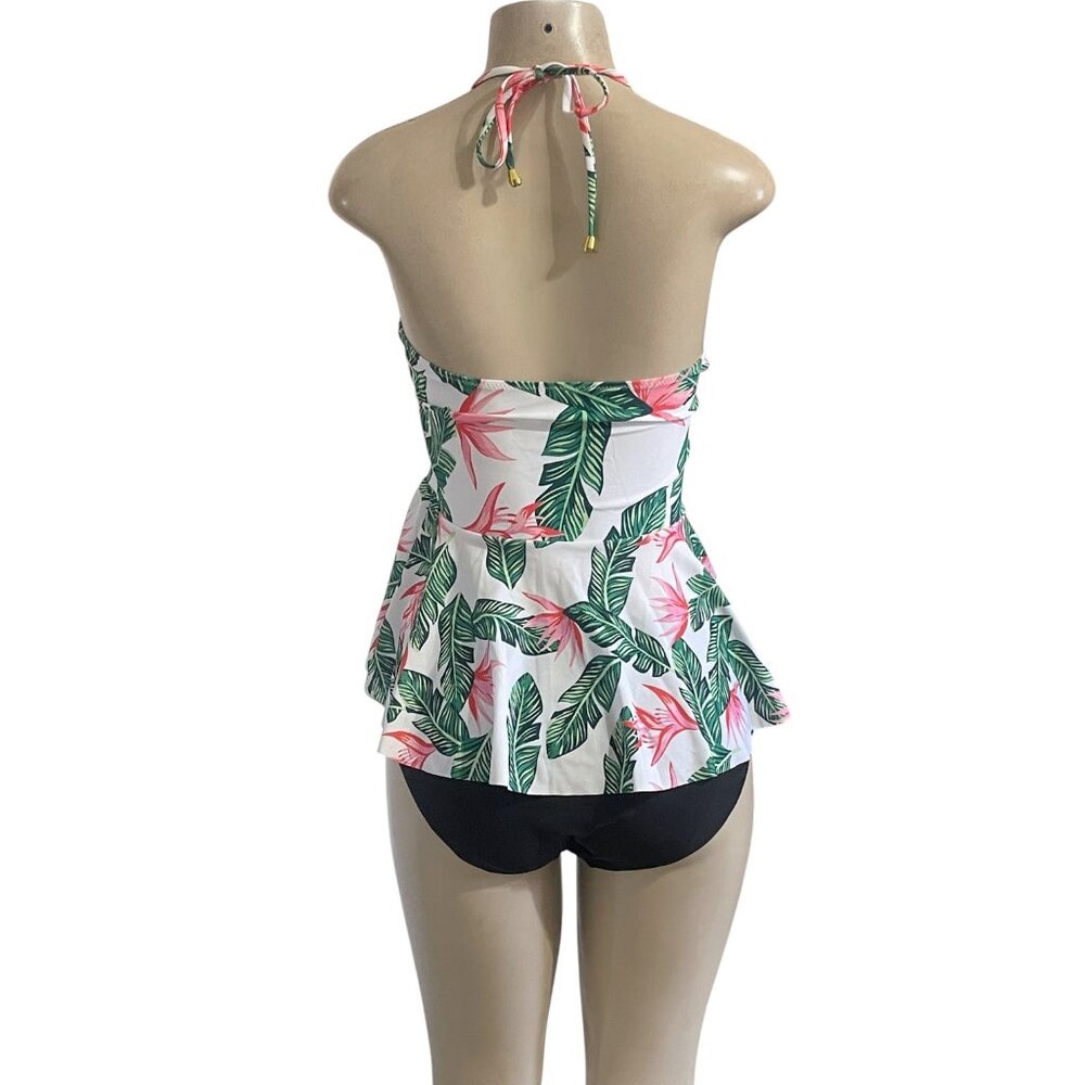 Tropical Halter Peplum Tankini 2-Piece Set 🌿 Flowy Flattering Swimwear (L) - Picture 8 of 8